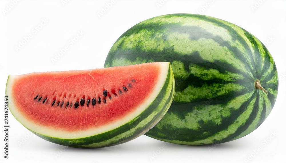 Juicy watermelon with sliced isolated on white background. Clipping path	
