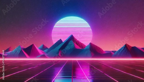 Synthwave retro cyberpunk style landscape background banner or wallpaper.