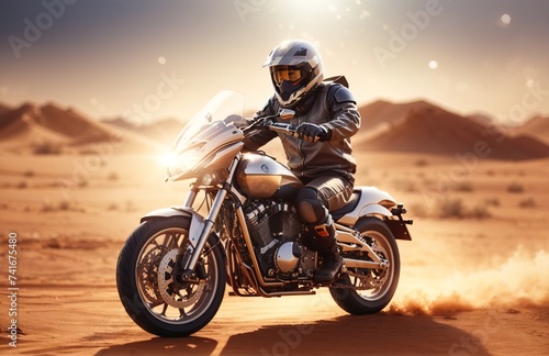 Man rides a fast motorcycle in the desert, full safety and helmet