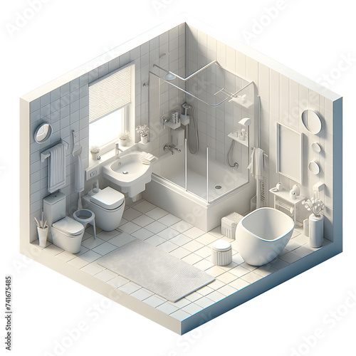 isometric bath  Room with bathtub comod minimal Interior 3d Illustration white color concept photo
