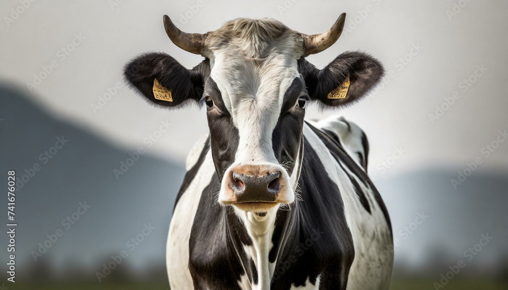 Cow isolated on white, standing upright black and white, full length and front view and copy space Cow isolated on white, standing upright black and white, full length and front view and copy space