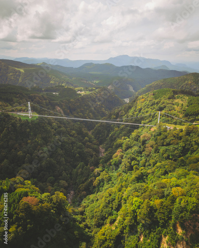 Aerial shot of Kokonoe Yume Otsuribashi Pedestrian Bridge, Oita Prefecture, Kyushu, Japan. photo