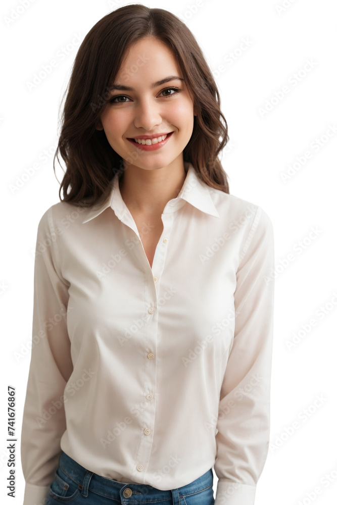 Cheerful sweet lady dressed shirt smiling and looking at the camera. isolated, transparent background, no background. PNG. Cheerful sweet lady dressed shirt smiling and looking at the camera. isolated, transparent background, no background. PNG.