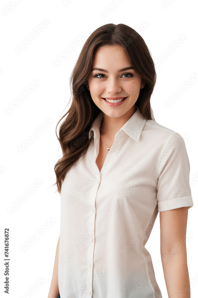 Cheerful sweet lady dressed shirt smiling and looking at the camera. isolated, transparent background, no background. PNG. Cheerful sweet lady dressed shirt smiling and looking at the camera. isolated, transparent background, no background. PNG.