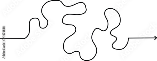 Chaotic line arrow. Doodle chaos simple drawn symbol, confused messy knot tangle scribbled line. Vector isolated. Tangled wires, complicated thoughts, brain confusion, problem solving