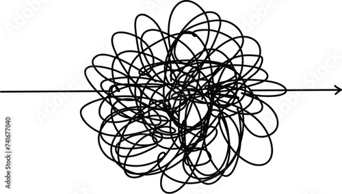 Chaotic line arrow. Doodle chaos simple drawn symbol, confused messy knot tangle scribbled line. Vector isolated. Tangled wires, complicated thoughts, brain confusion, problem solving