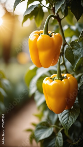 Bright Yellow Bell Peppers Growing on Lush Green Plants in a Garden During the Day