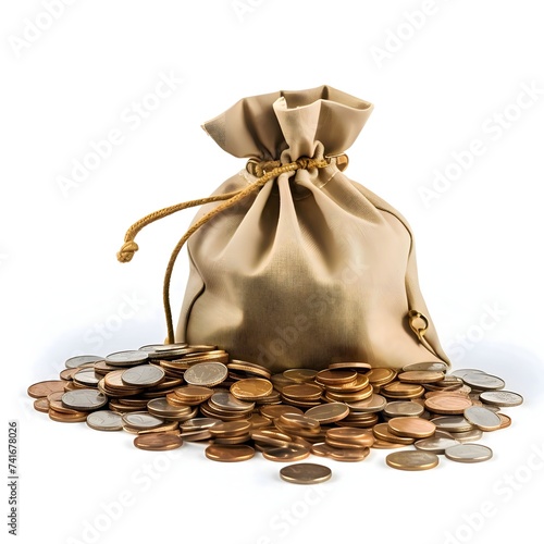 Scattered coins and a bag full of coins, white isolated background. A pile of coins.