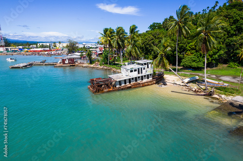 Aerial View of Shipwreck on the Coast, Wewak, East Sepik Province, Papua New Guinea. photo