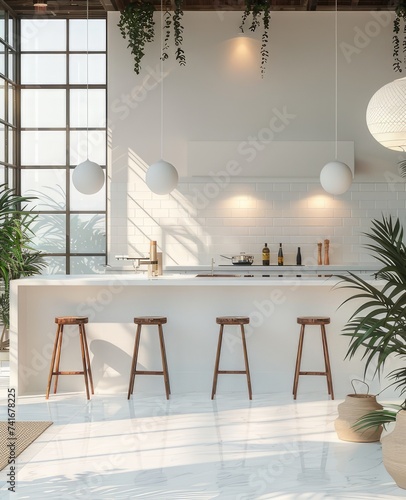 a modern white kitchen with stools and high ceiling, in the style of mood lighting, subtle minimalism, urban minimalism, silhouette lighting, mir render photo