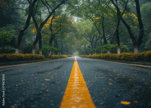a yellow line that is drawn down the middle of a road with green trees, in the style of precisionist lines, glazed surfaces, rural china, dark gray and white, auto body works, intersecting planes