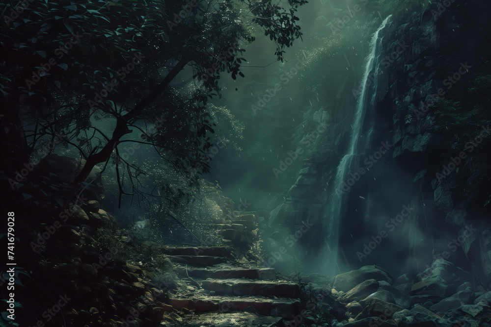 Waterfall in the forest. A scenery for an adventurous quest. Background image. Created with Generative AI technology.