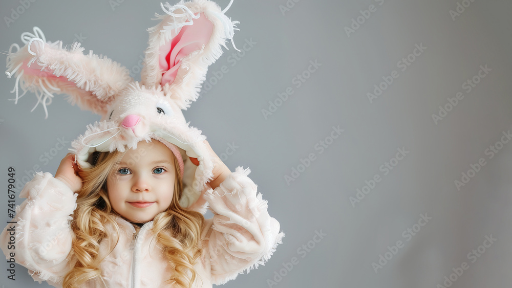 Fototapeta premium A child in a rabbit costume. Easter Day. Free space for text.