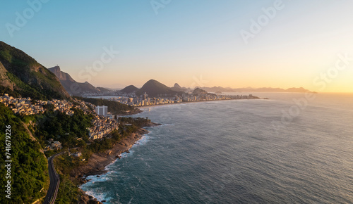 Aerial drone view of the city of Rio De Janeiro with the sunrise, Rio de Janeiro, Brazil.