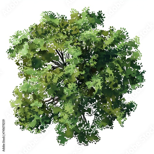 Tree top view watercolor illustration isolated on white background, nature design