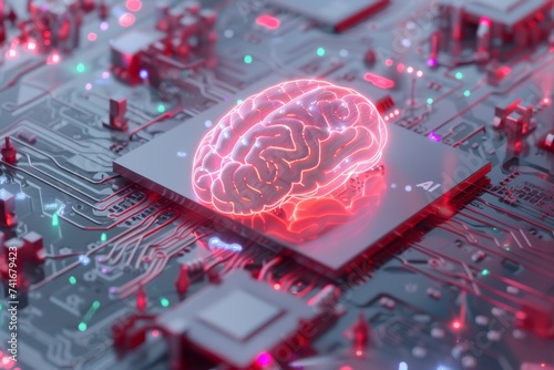 AI Brain Chip reduced instruction set computer. Artificial Intelligence visionary plan mind enhancement axon. Semiconductor neurofeedback training circuit board neon grape purple photo