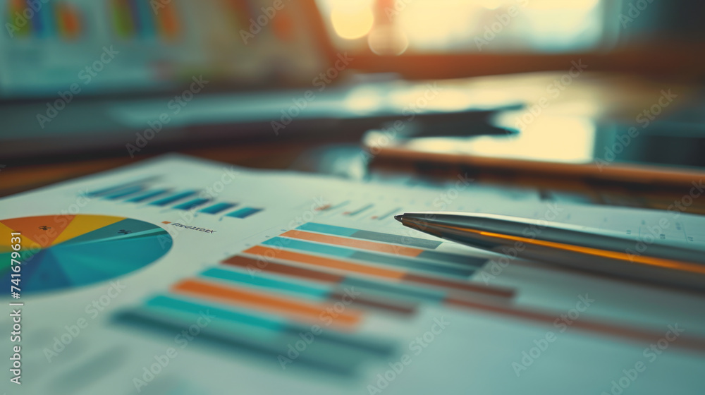 close-up of a financial report with graphs and a pie chart, a pen resting on the paper, and a tablet displaying additional colorful charts in the background. close-up of a financial report with graphs and a pie chart, a pen resting on the paper, and a tablet displaying additional colorful charts in the background.