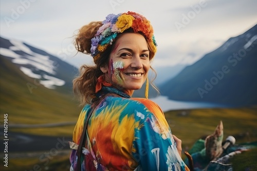 Portrait of beautiful young woman with colorful hair and headband on mountain background