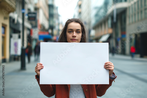 Portrait of a woman holding a blank white sign in the street. 