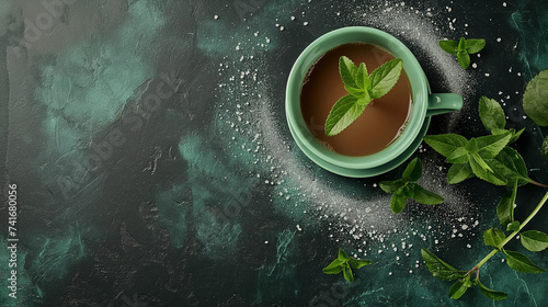 Professional Close-up of a Cup of Coffe on a little Plate with a Plant of Stevia next to it. Keto Friendly. Keto Diet Beverage. photo