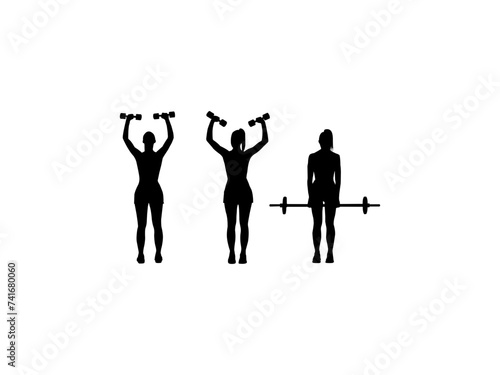 Set of woman's workout fitness silhouette. A girl works with a barbell, dumbbell, and powerlifter at a gym isolated on a white background.