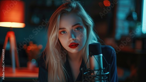 The warm glow of studio lights dances on the face of a blonde singer, her glossy red lips parting in song near the microphone, setting an intimate musical scene. Triggers for relaxation, stress relief