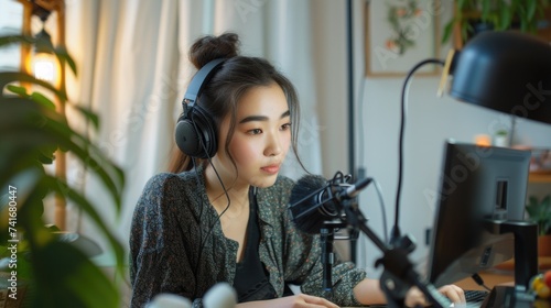 Young woman recording and broadcasting her podcast from homemade studio. Female  make asmr sounds, recording material to her social media, podcaster talk into microphone on table. Natural day light