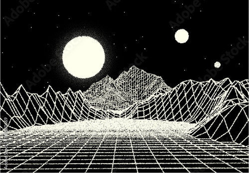 Retro dotwork landscape with 80s styled sun, grid mountains and stars background from old sci-fi book or poster.