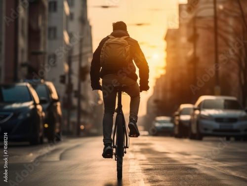 Rearview of young man riding a bicycle in the midst of road city. 