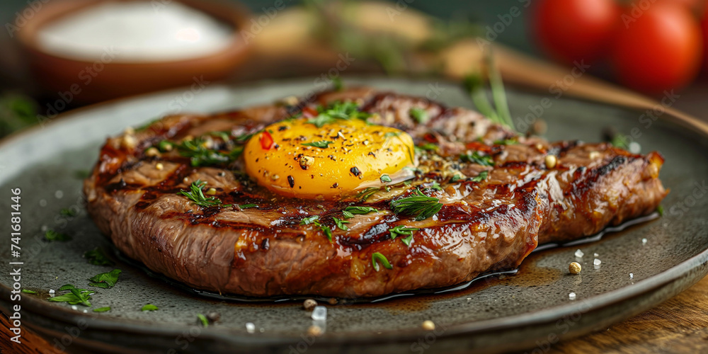Big Steak with an Egg over it. Paleo Diet with Meat, Carnivor Habits. Ancient Diet. Slice of Beef. Keto Friendly, Keto Diet. High Protein Meal. Big Steak with an Egg over it. Paleo Diet with Meat, Carnivor Habits. Ancient Diet. Slice of Beef. Keto Friendly, Keto Diet. High Protein Meal.