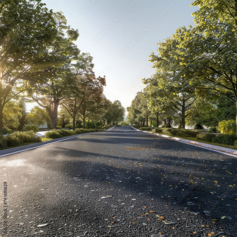 Photorealistic style, A road paved with recycled glass-based asphalt, Emphasizing durability and environmental friendliness 