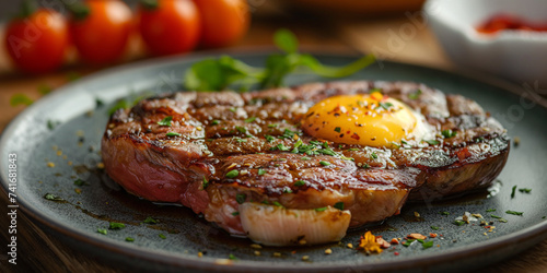 Big Steak with an Egg over it. Paleo Diet with Meat, Carnivor Habits. Ancient Diet. Slice of Beef. Keto Friendly, Keto Diet. High Protein Meal.