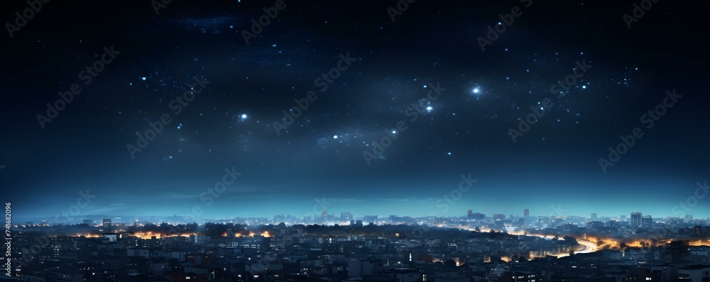 Urban nighttime scene illuminated by a solarpowered LED streetlight under starry skies. Concept Urban Landscapes, Night Photography, Solar Technology, LED Lighting, Starry Sky