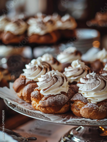 Delicious French Chocolate Profiterole Cream Puffs Stuffed with White Cream and White Whipped Cream and Chocolate Glaze & Cocoa Powder. French bakery banner with copy space.