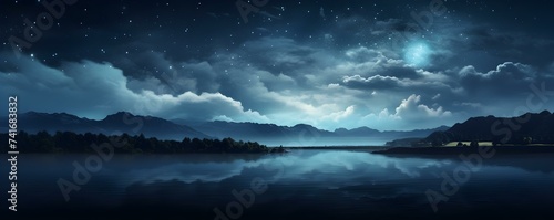 Starry night above tranquil lake with fluffy clouds in dark skies. Concept Landscape Photography, Night Sky, Water Reflections, Cloud Formations, Nature Scenery
