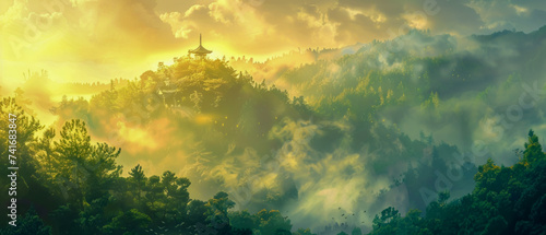A tranquil scene of a misty Japanese landscape at dawn, with a distant shrine visible atop a lush, forested hill, the rising sun. peace and reverence.
