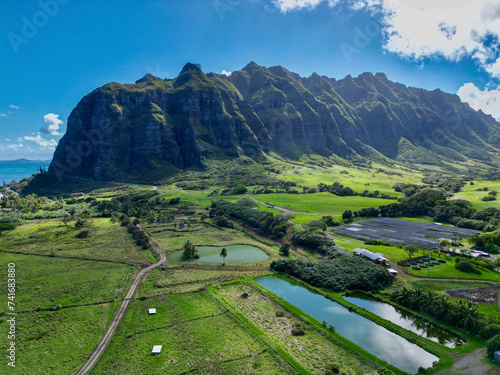 Aerial view of ⁨Kualoa Ranch⁩, Jurassic valley, ⁨Hawaii, United States. photo