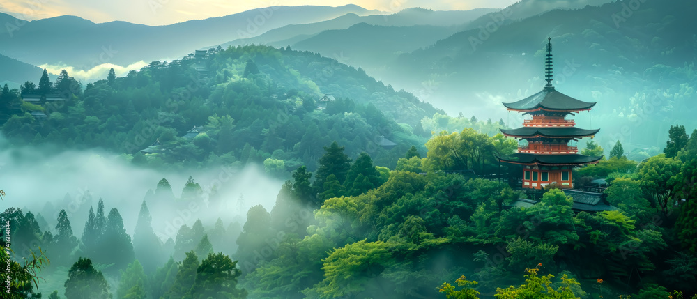 the lush greenery of a Japanese summer, with a distant shrine on a mountain