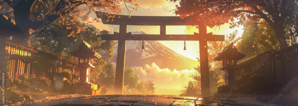 shrine at the break of dawn, the first light of day ,intricate woodwork and torii gate, with Mountain in the far distance