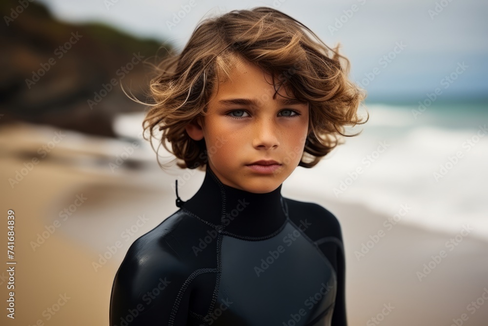 Portrait of a young boy in wetsuit posing on the beach