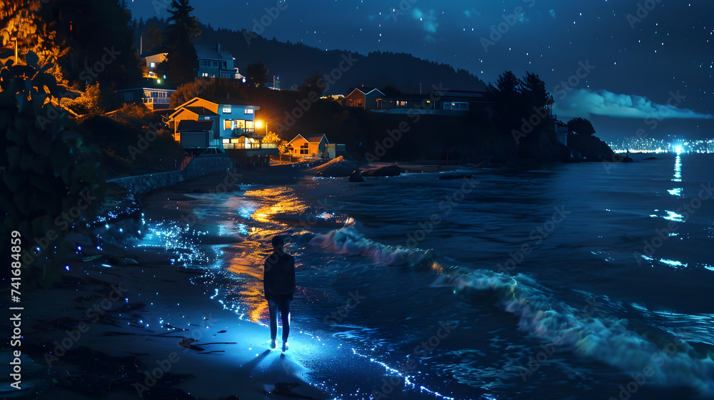 Ocean shore at night, 
Nighttime Oceanic Magic Top View of Bioluminescent Algae Illuminating the Beach