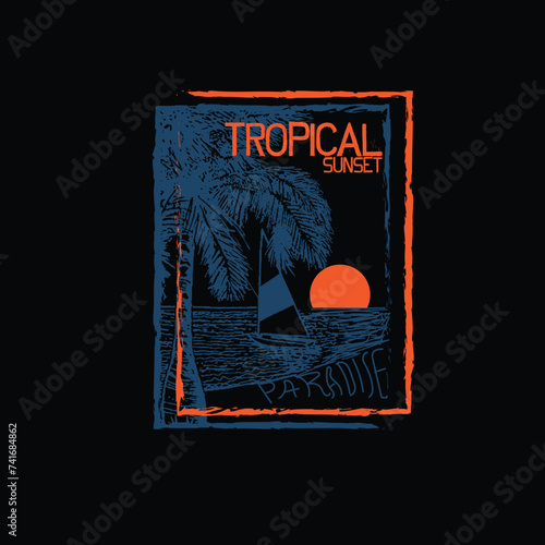 Tropical Sunset paradise palm tree boat beach scene retro poster design