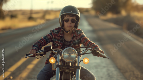 Professional Photo of a Cool Motorcyclist kid Riding his Motorcycle during Sunset in an Empty Road.