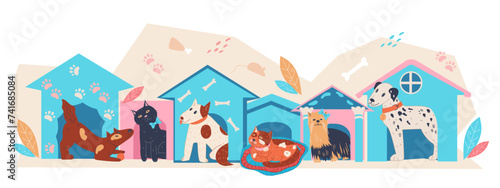 Banner backdrop for pet adoption and animal shelters to[pics, providing homes for dogs and cats in need. Pet care, adoption and support animal charflat vector illustration isolated onwhite background.