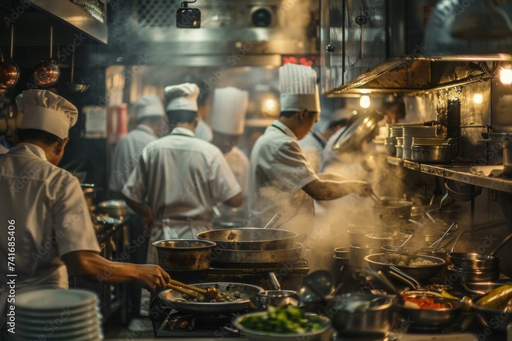 A busy kitchen scene in a restaurant with chefs at work