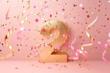 2 Anniversary birthday celebration festive peach color background. Golden number 2 with sparkling confetti, stars, glitters and streamer ribbons, peach color palette background