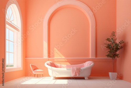 Minimalistic modern bathroom  in  color of Peach fuzz - contemporary interior design in daylight
