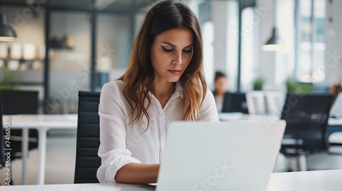 Professional female employee or a businesswoman using a laptop in a modern office. Copy space