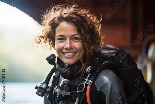 Portrait of happy female scuba diver looking at camera against blurred background