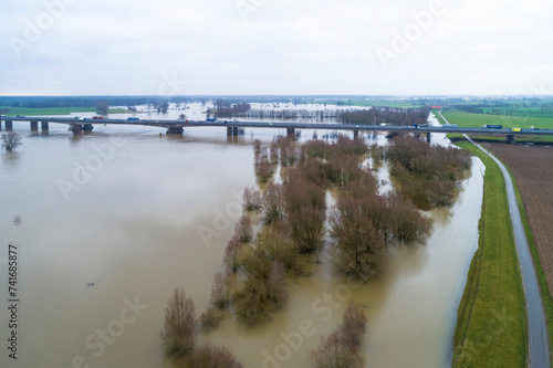 Aerial view of A1 highway bridge over river IJssel during high water, Deventer, Overijssel, Netherlands. photo